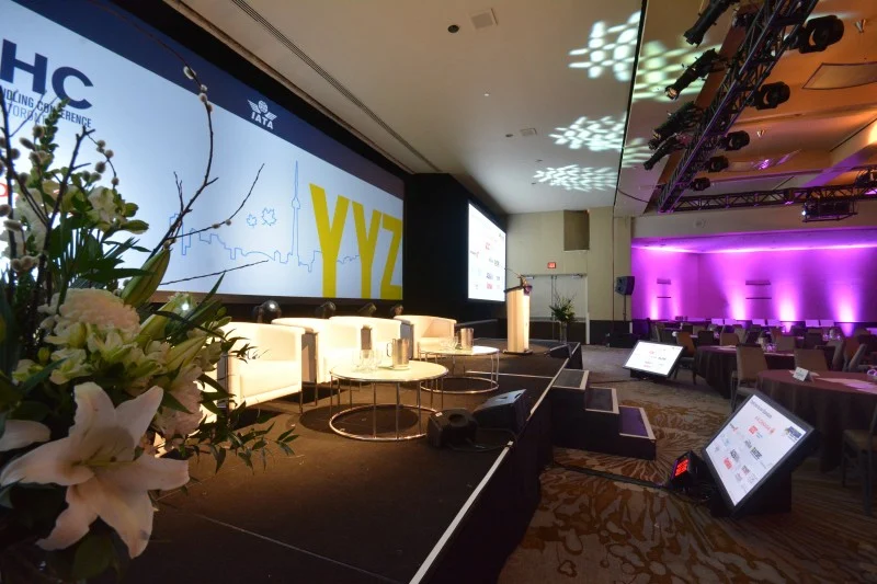 Professional corporate stage setup and audio-visual configuration